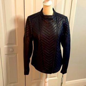 Designer!! Badgley Mischka NWT LEATHER Jacket, Navy, size Medium